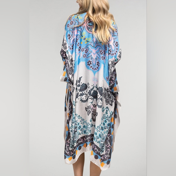 Sky Blue Paisley & Floral Print Silky Kimono w/ Geometric Shapes Border - Picture 5 of 5